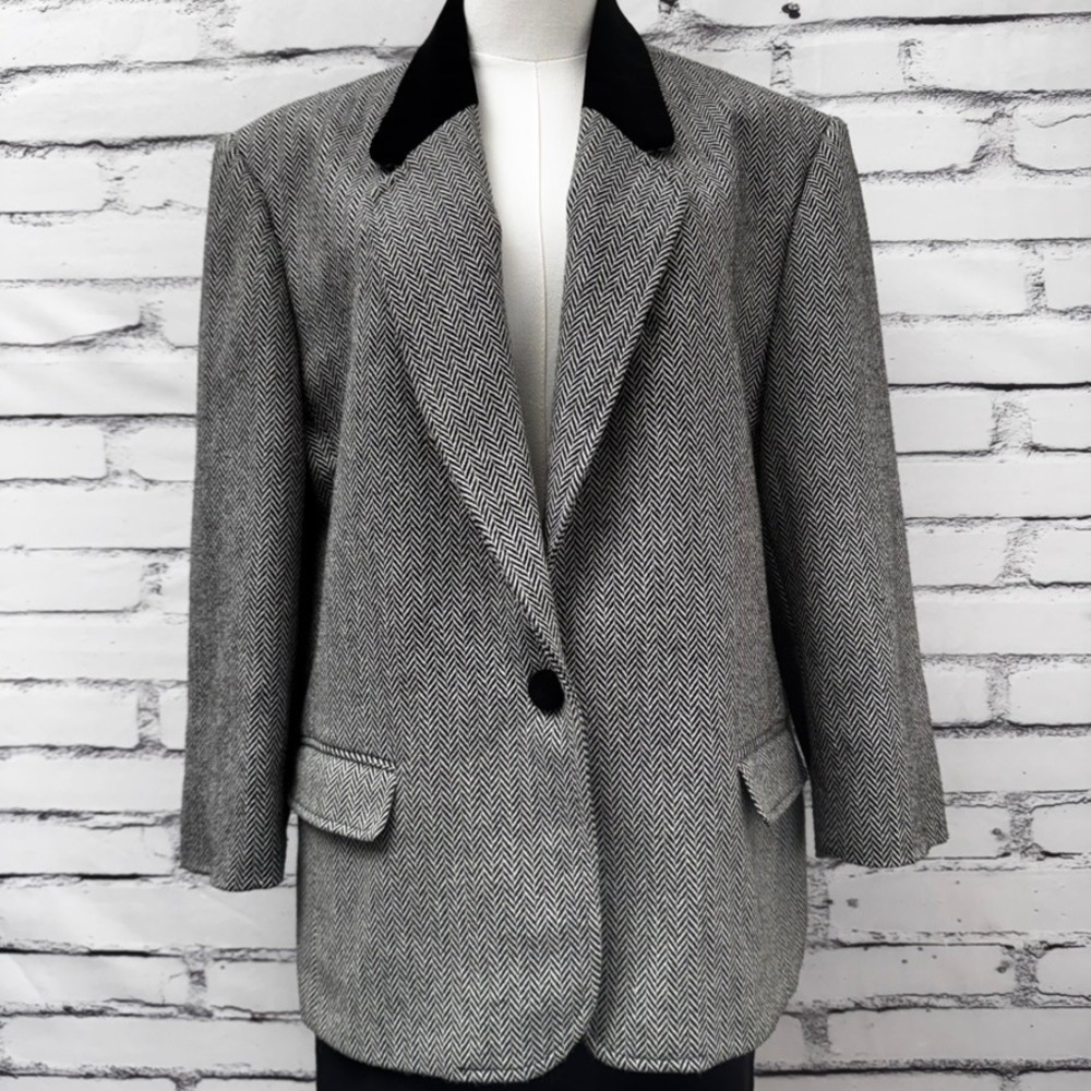 Vintage Russ Herringbone Tweed Wool Blend Blazer Velvet Collar‎ Button Womens 18